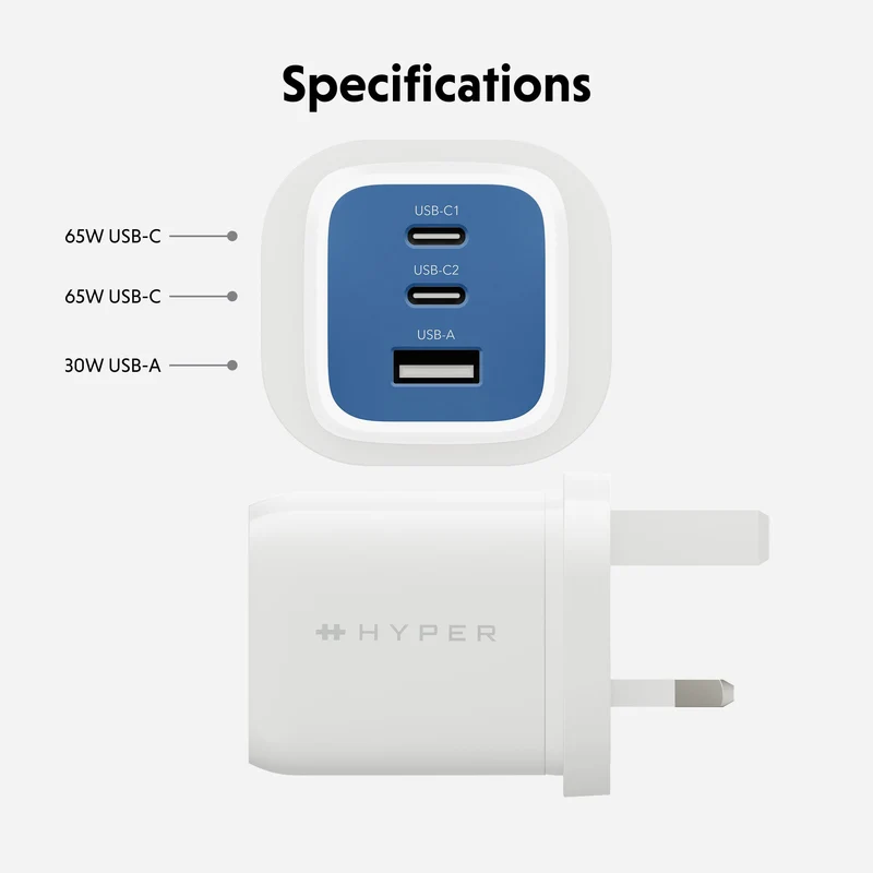 Chargeur GaN HyperJuice Flex 65 W - Bleu (Royaume-Uni)