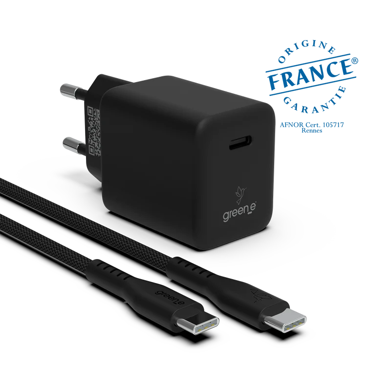 Kit de charge Universel USB-C 45W 1 USB-C GREEN-E France - Certifié Origine France Garantie, câble USB-C tressé 1,50m Noir légende