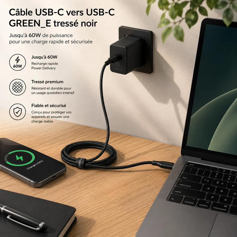 Kit de charge Universel USB-C 45W 1 USB-C GREEN-E France - Certifié Origine France Garantie, câble USB-C tressé 1,50m Noir légende