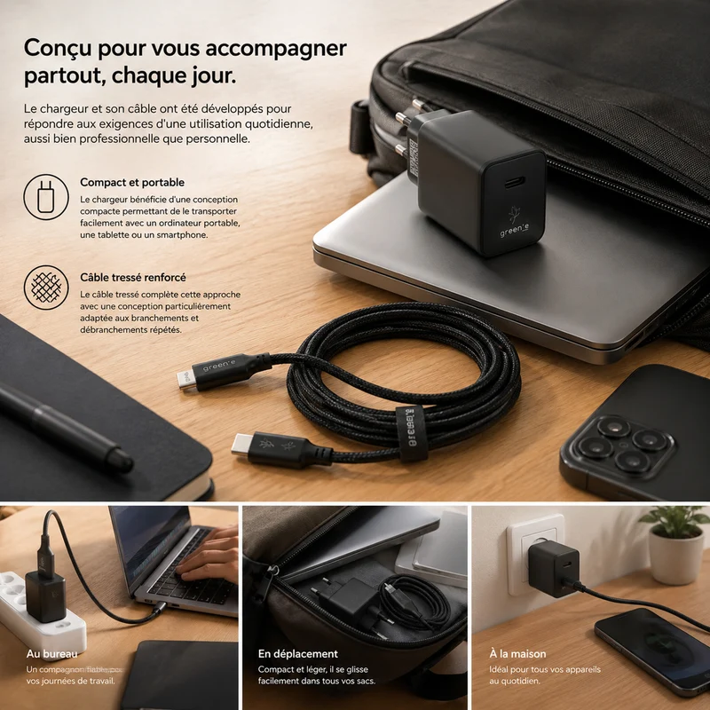 Kit de charge Universel USB-C 45W 1 USB-C GREEN-E France - Certifié Origine France Garantie, câble USB-C tressé 1,50m Noir légende