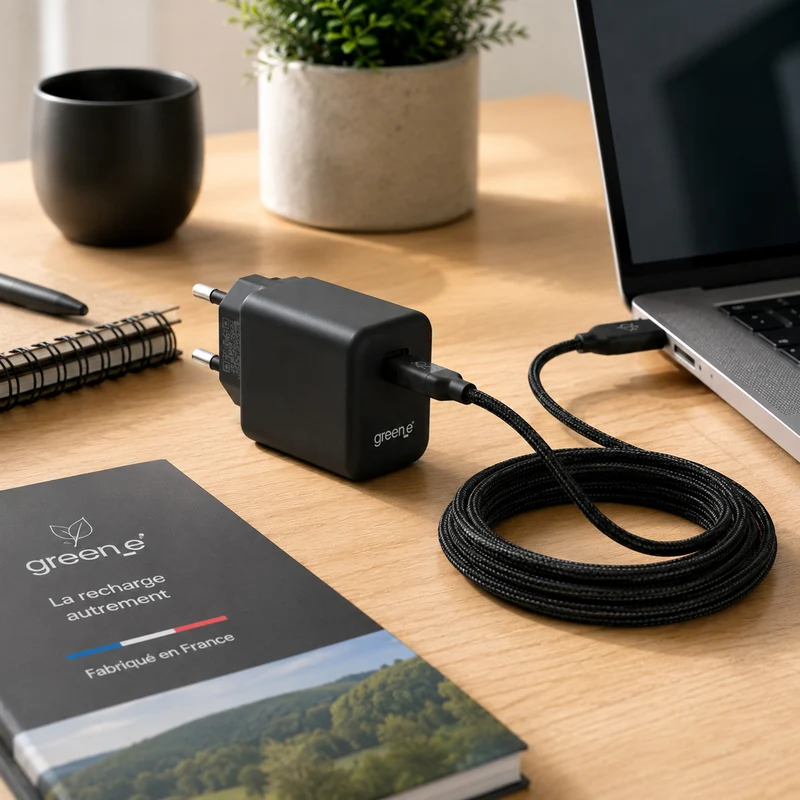 Kit de charge Universel USB-C 45W 1 USB-C GREEN-E France - Certifié Origine France Garantie, câble USB-C tressé 1,50m Noir légende