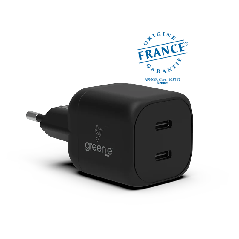 Chargeur Universel USB-C 25W 2 USB-C GREEN-E France - Certifié Origine France Garantie - Noir légende