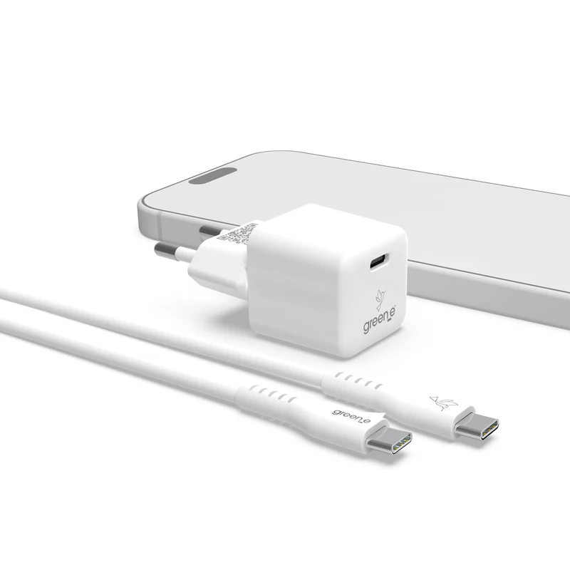 Kit de charge Universel USB-C 20W 1 USB-C GREEN-E France - Certifié Origine France Garantie, câble USB-C vers USB-C fabriqué en France 1,20m Blanc