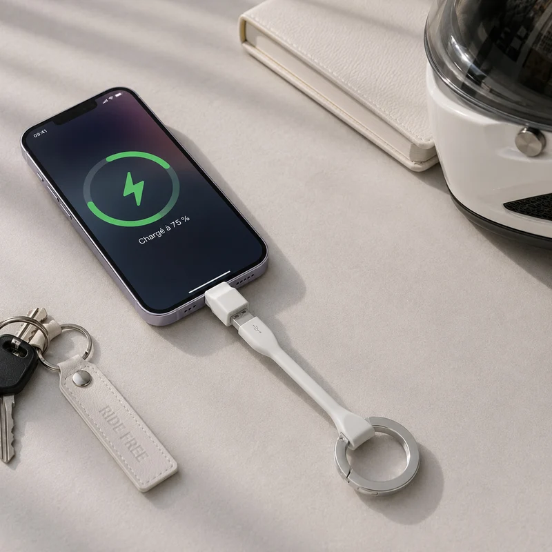 Porte clé câble green-e éco-conçu USB-A vers Lightning, 15 cm, Blanc