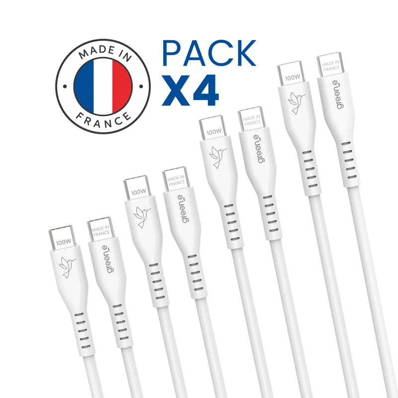 Pack Business 4 Câbles GREEN_E USB-C 100W Fabriqué en France, 1,50 m, Blanc