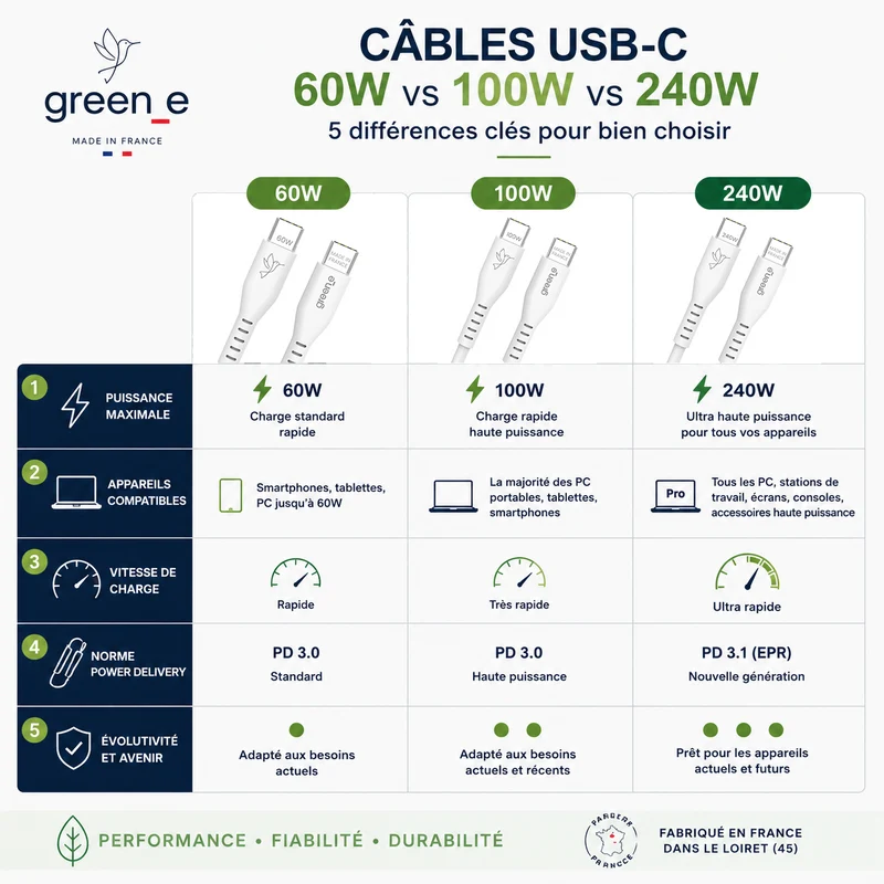 Câble GREEN_E USB-C 100W Fabriqué en France, 1,50 m, Blanc
