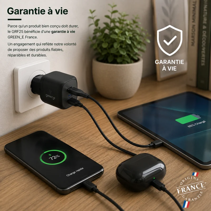 Chargeur Universel USB-C 25W 2 USB-C GREEN-E France - Certifié Origine France Garantie - Noir légende