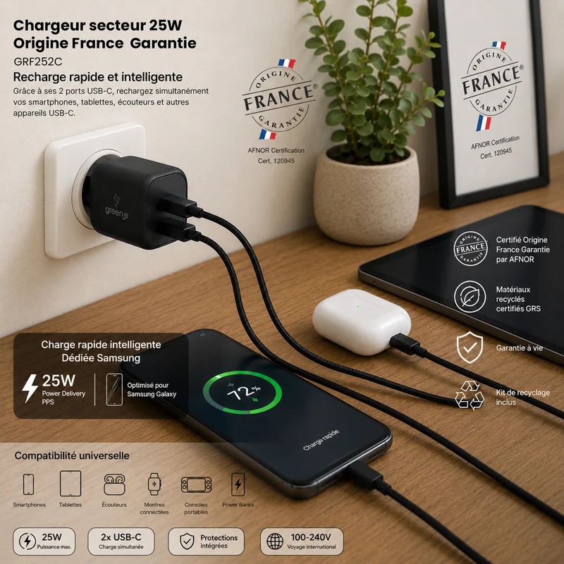 Chargeur Universel USB-C 25W 2 USB-C GREEN-E France - Certifié Origine France Garantie - Noir légende