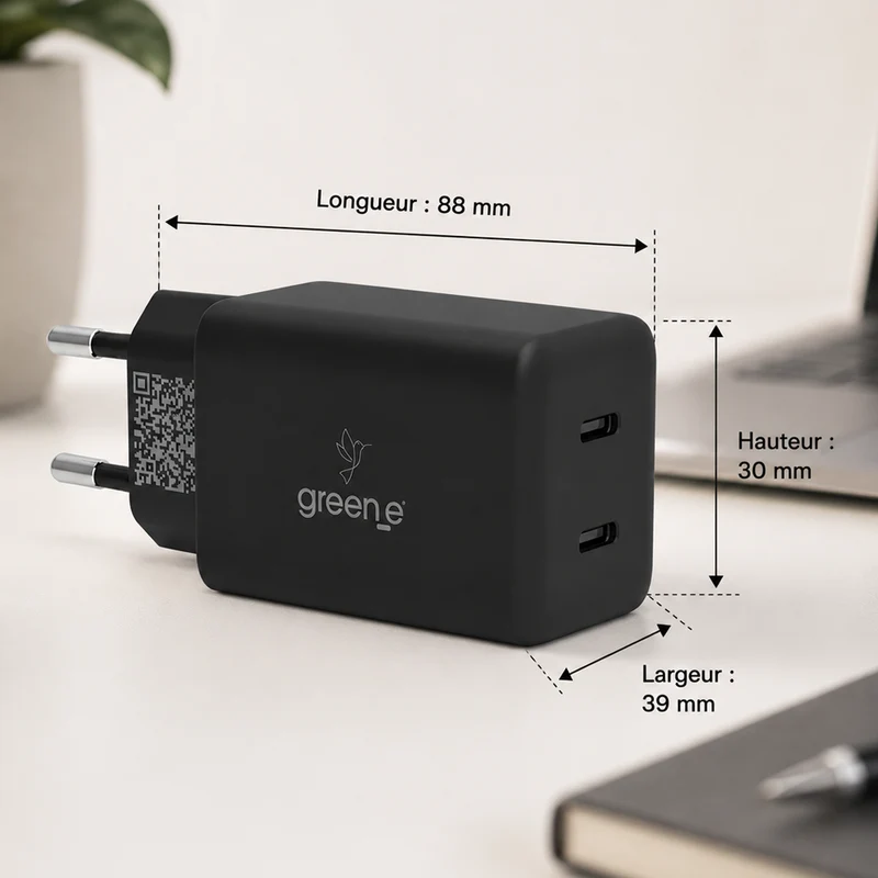 Kit de charge Universel USB-C 67W 2 USB-C GREEN-E France - Certifié Origine France Garantie - Noir légende