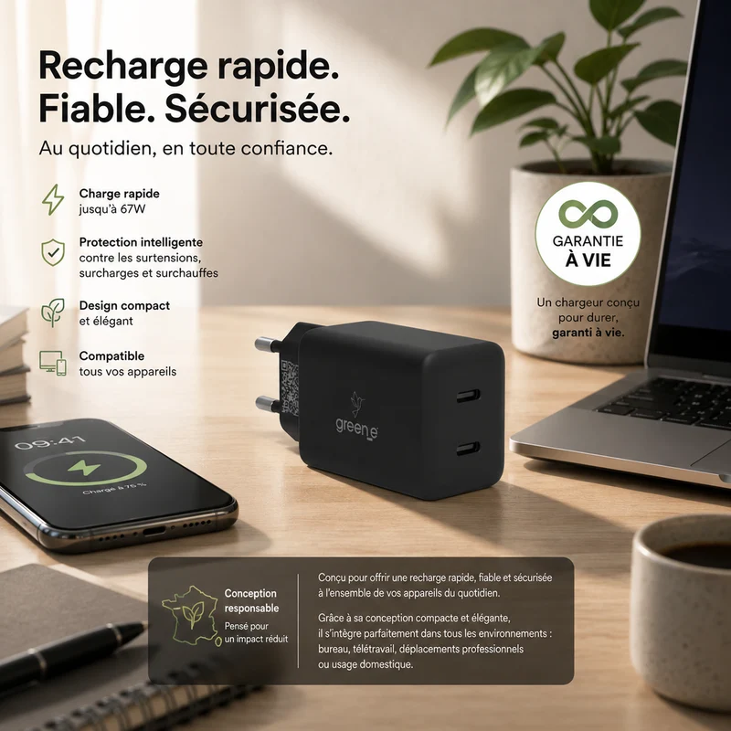Kit de charge Universel USB-C 67W 2 USB-C GREEN-E France - Certifié Origine France Garantie - Noir légende