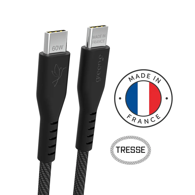 Câble tressé GREEN_E USB-C 60W Fabriqué en France, 1,50 m, Noir légende
