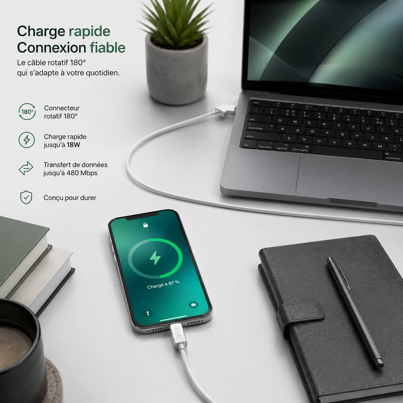 Câble green-e éco-conçu avec embouts rotatifs USB-A vers USB-C, 1,20m, Blanc