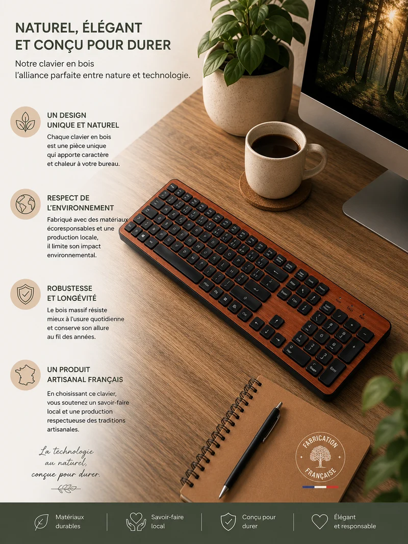 Clavier sans fil GREEN_E placage Bois façonné en France, essence merisier naturel