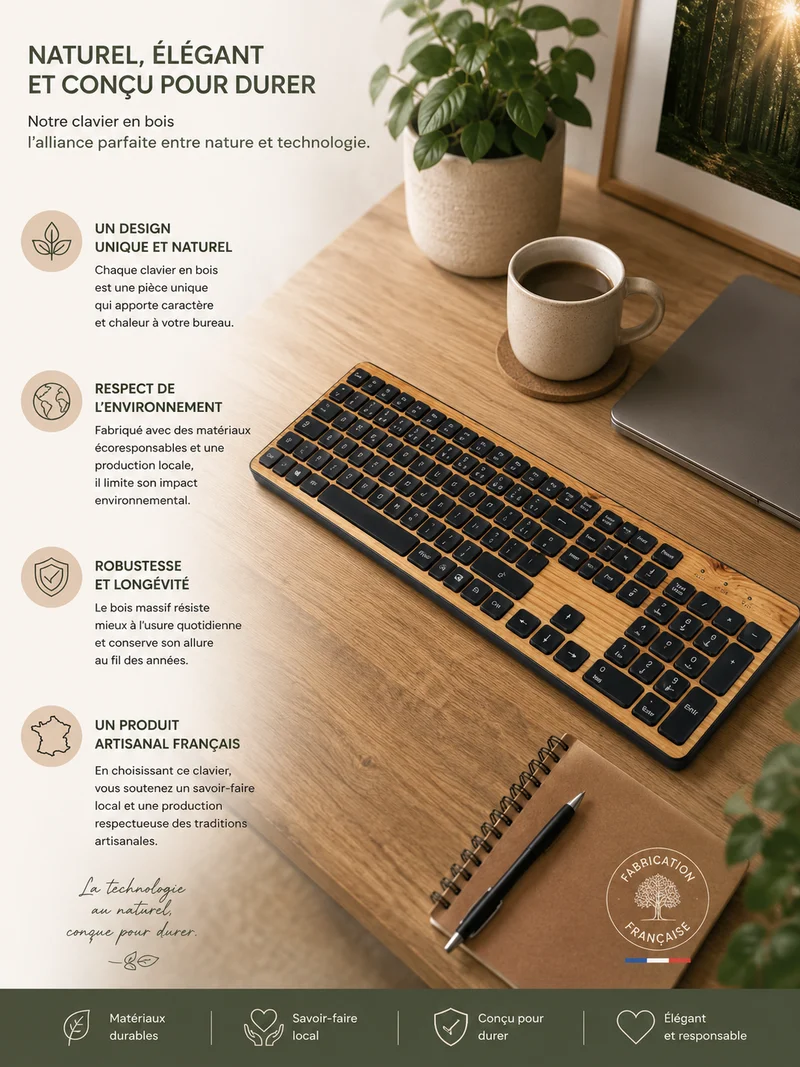 Clavier sans fil GREEN_E placage Bois façonné en France, frêne naturel