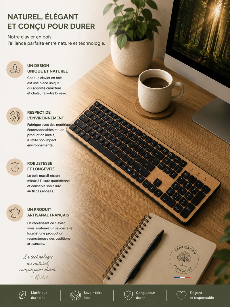 Clavier sans fil GREEN_E placage Bois façonné en France, essence Hêtre naturel