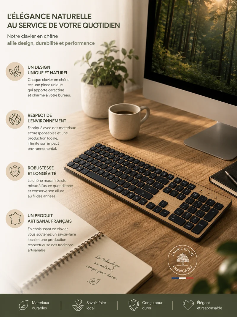 Clavier sans fil GREEN_E placage Bois façonné en France, chêne naturel