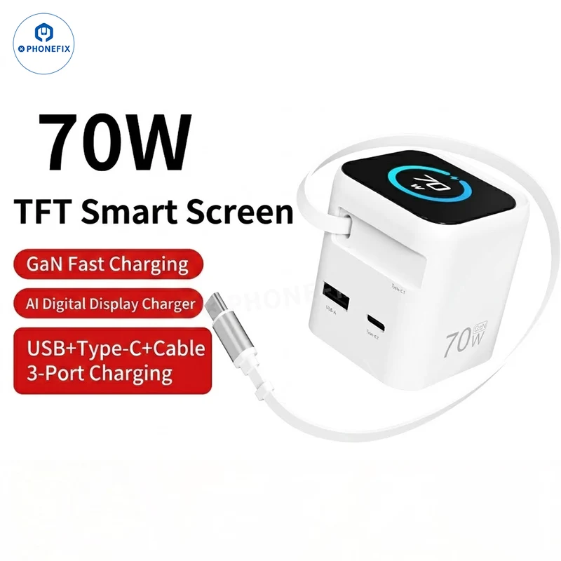 Chargeur portable GaN 70 W avec câble rétractable et écran tactile
