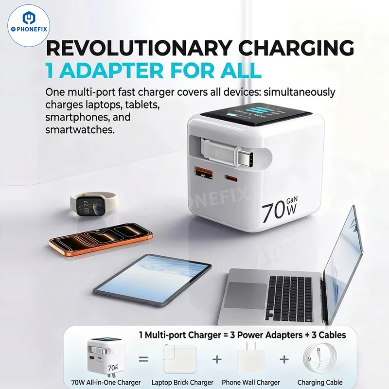 Chargeur portable GaN 70 W avec câble rétractable et écran tactile