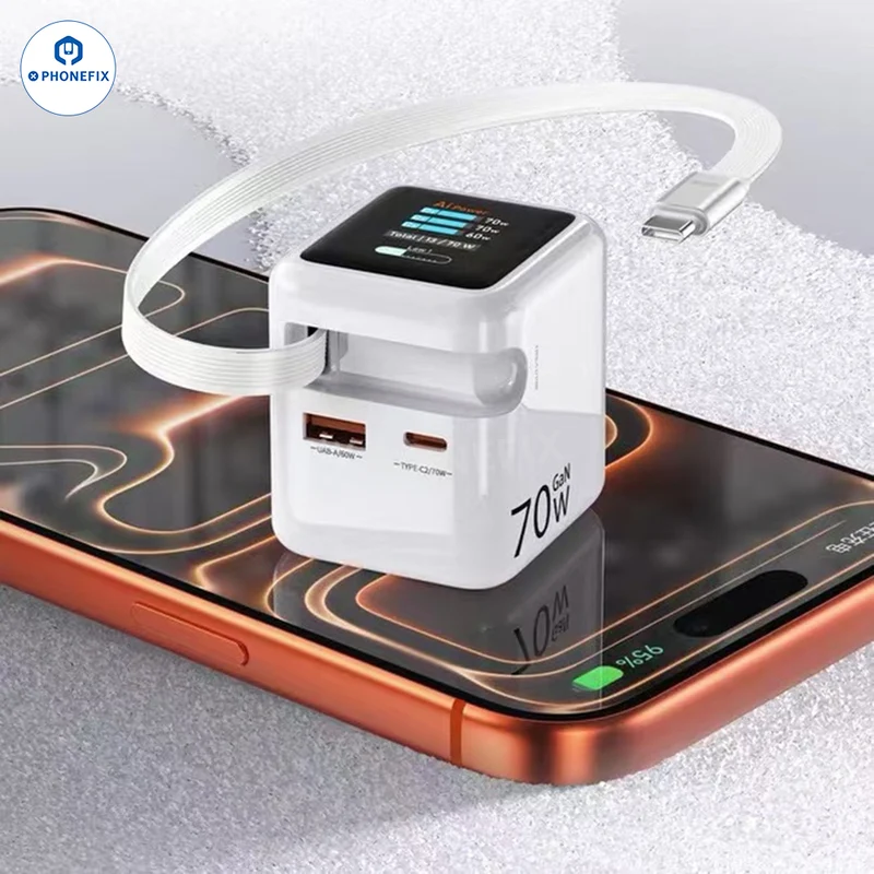 Chargeur portable GaN 70 W avec câble rétractable et écran tactile