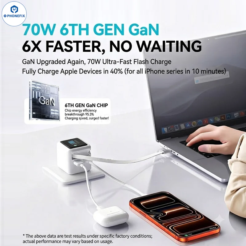 Chargeur portable GaN 70 W avec câble rétractable et écran tactile