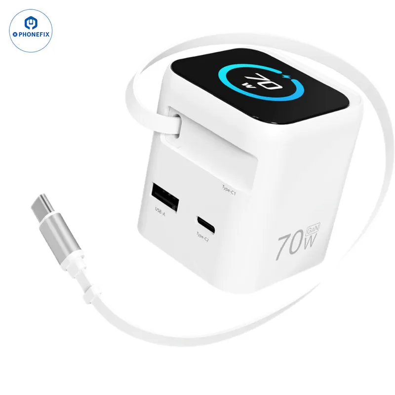 Chargeur portable GaN 70 W avec câble rétractable et écran tactile