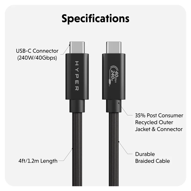 Câble de performance HyperDrive Next USB4 Type-C (1,2 m) - Noir