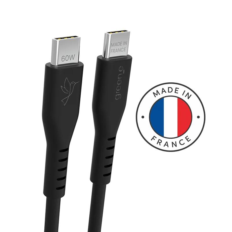 Câble GREEN_E USB-C 60W Fabriqué en France, 2,50 m, Noir Légende