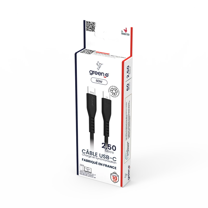 Câble GREEN_E USB-C 60W Fabriqué en France, 2,50 m, Noir Légende