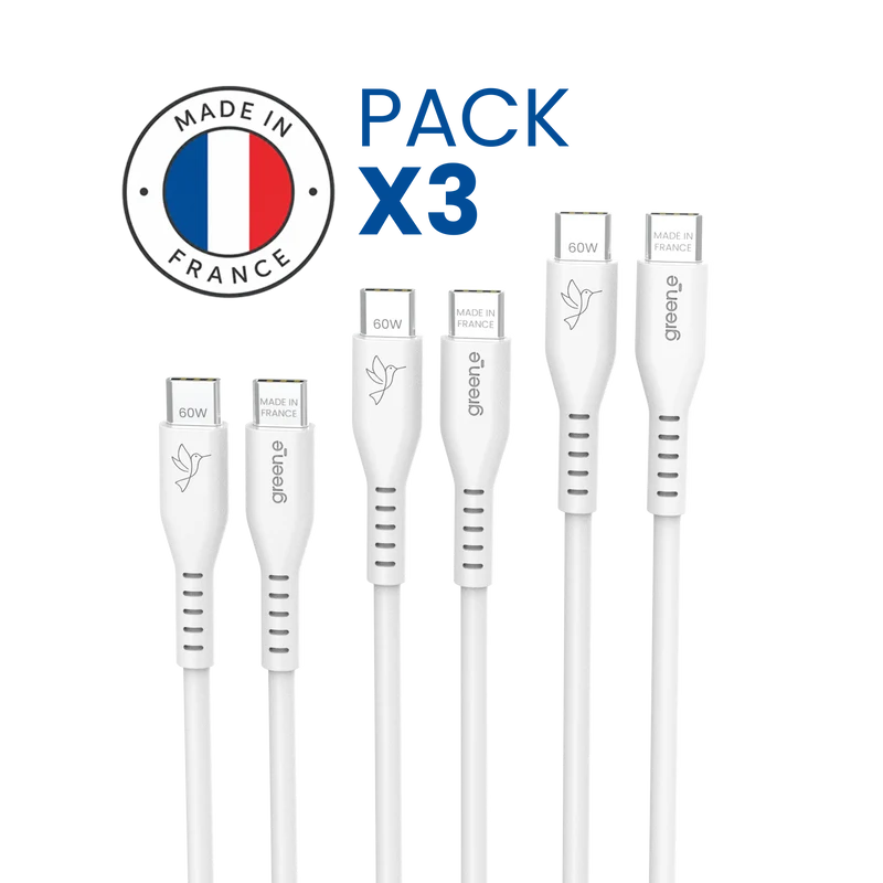 Pack famille lot de 3 Câbles GREEN_E USB-C 60W Fabriqué en France, 1,20 m, Blanc