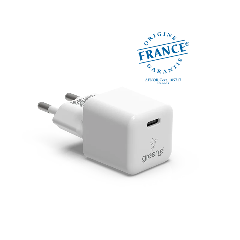Chargeur Universel USB-C 20W GREEN-E France - Certifié Origine France Garantie - Blanc