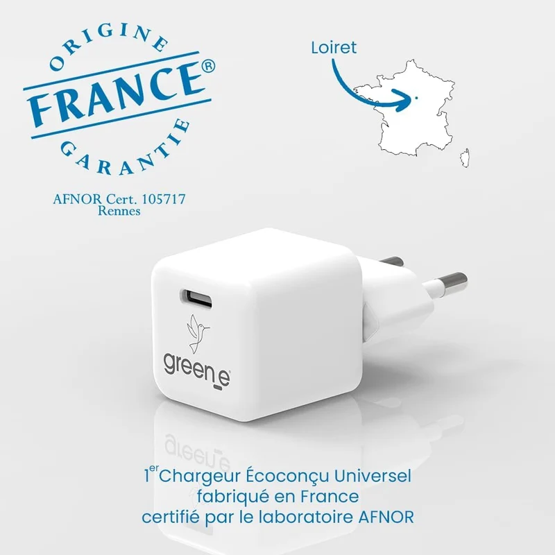 Chargeur Universel USB-C 30W GREEN-E France, Certifié Origine France Garantie, Blanc