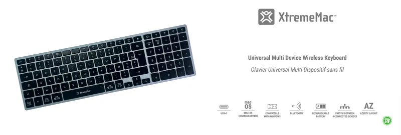 UNIVERSAL MULTI DEVICE WIRELESS KEYBOARD AZERTY FR Layout.