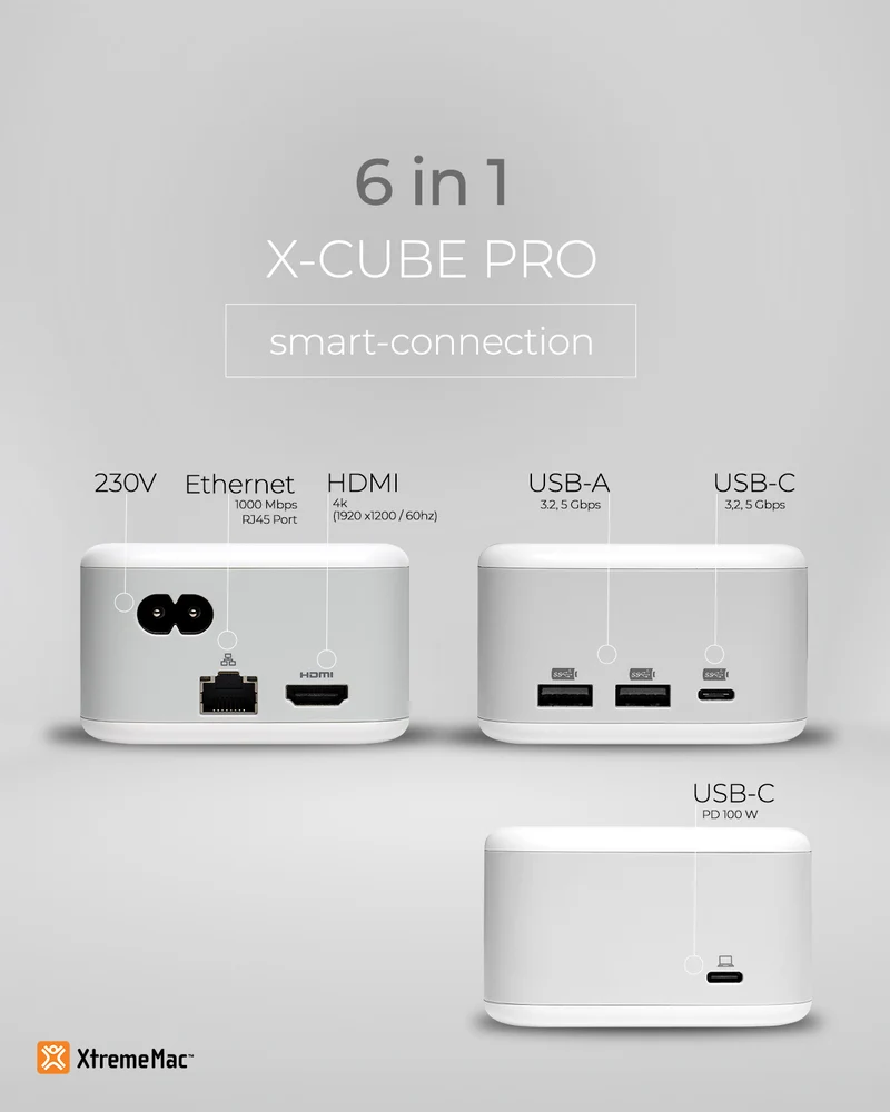 XtremeMac X-CUBE PRO: 6-Port USB-C Hub & 130W Charger | Compact Desktop Solution