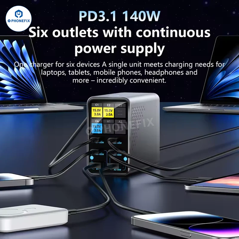 Chargeur rapide de bureau GaN 165 W avec affichage intelligent pour téléphone et ordinateur portable
