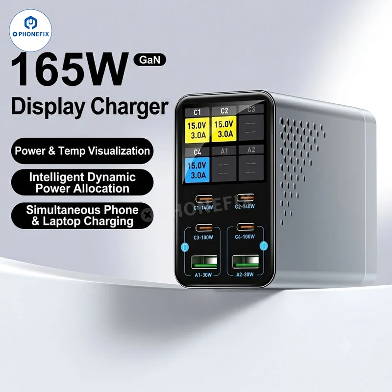 Chargeur rapide de bureau GaN 165 W avec affichage intelligent pour téléphone et ordinateur portable
