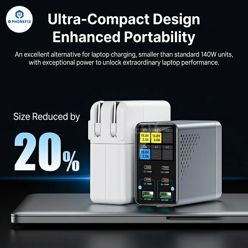 Chargeur rapide de bureau GaN 165 W avec affichage intelligent pour téléphone et ordinateur portable