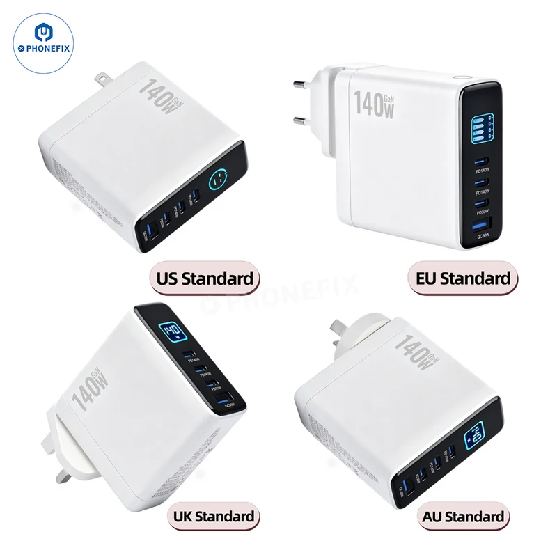 Chargeur GaN PD/QC 140 W avec affichage numérique et prise pliable