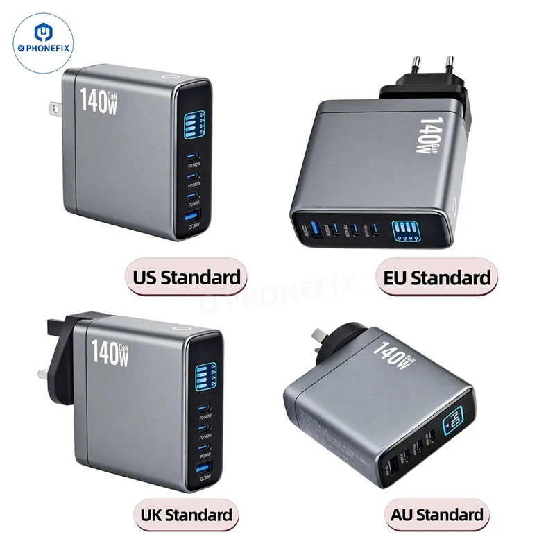 Chargeur GaN PD/QC 140 W avec affichage numérique et prise pliable