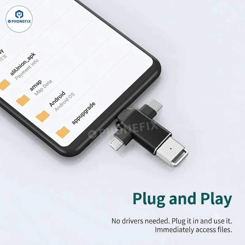 Adaptateur OTG 3-en-1 avec Lightning, Type-C et Micro USB pour téléphone et tablette