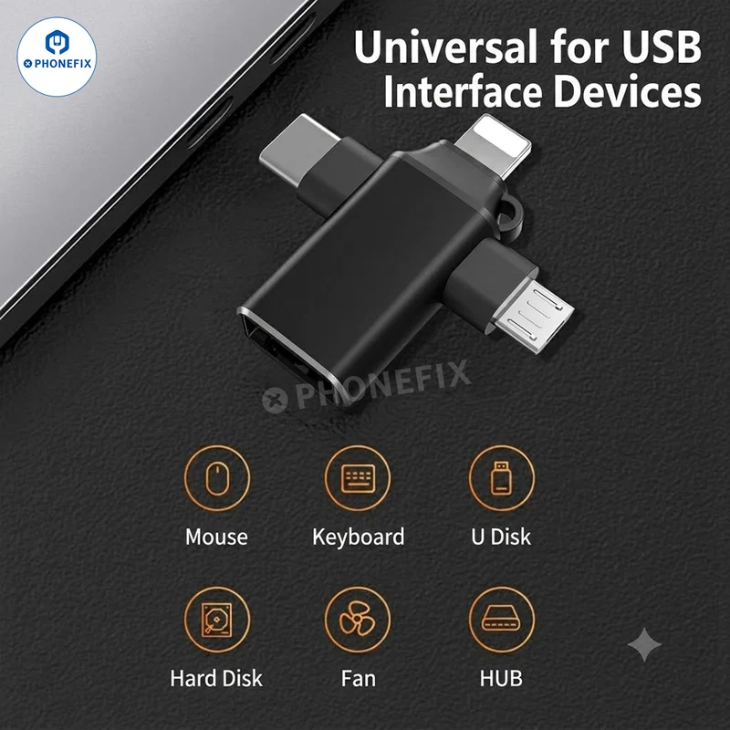 Adaptateur OTG 3-en-1 avec Lightning, Type-C et Micro USB pour téléphone et tablette