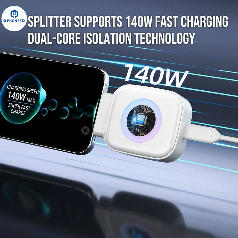 Chargeur rapide USB-C 140 W avec séparateur de charge complète pour iPhone et Android