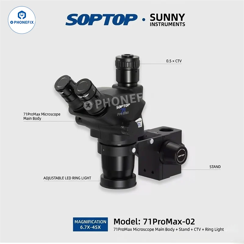 Microscope trinoculaire SOPTOP 71 Pro Max 6.7-45X pour la réparation de téléphones