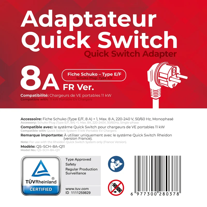 Schuko (Type E/F) 8A — Quick-Switch Adapter for the PC200 Pro 11K