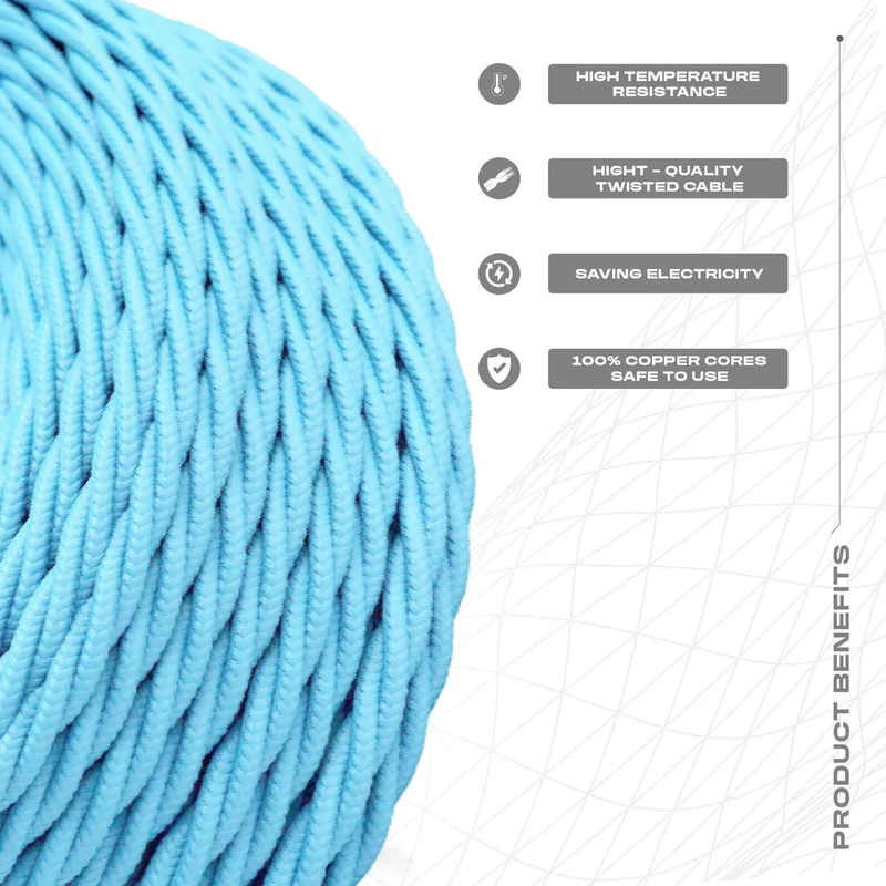 Câble électrique torsadé 3 cœurs 1M/5M/10M recouvert couleur bleu clair tissu 0,75 mm ~2092