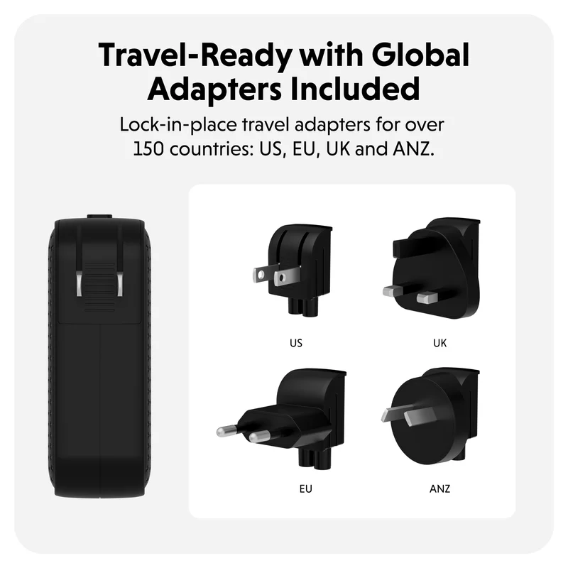Chargeur de voyage HyperJuice® 100 W USB-C GaN testé pour la sécurité - Noir