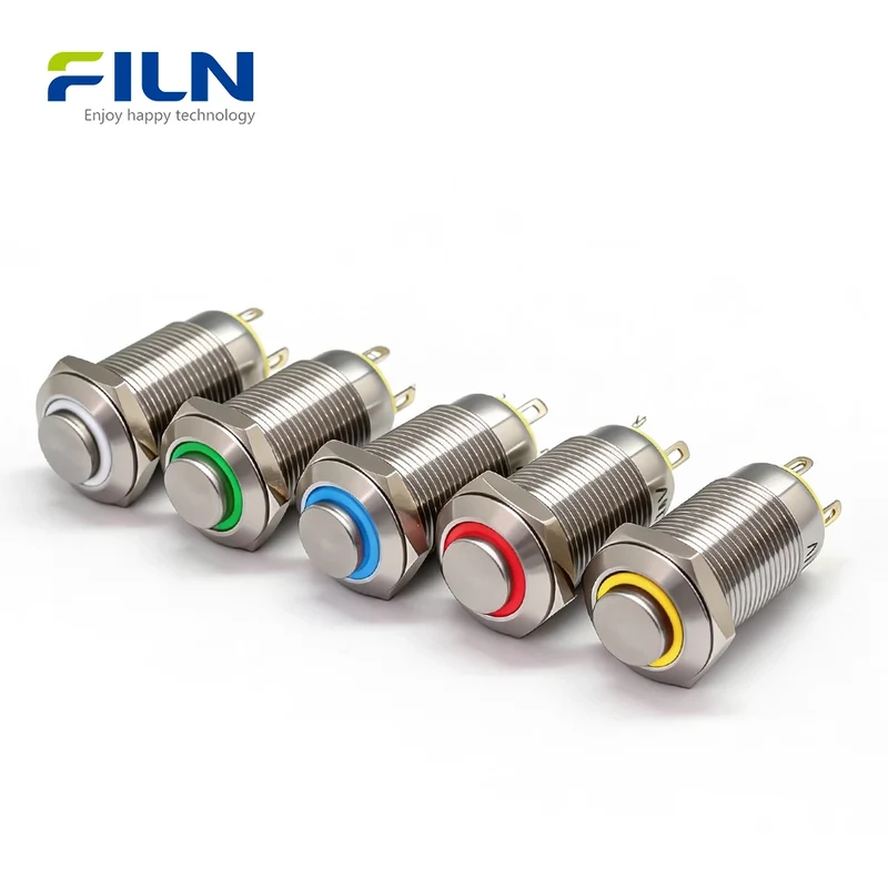 12 Volt Push Button Switch 12mm 304 Stainless Steel 4-PIN LED Ring Button Switch FILN