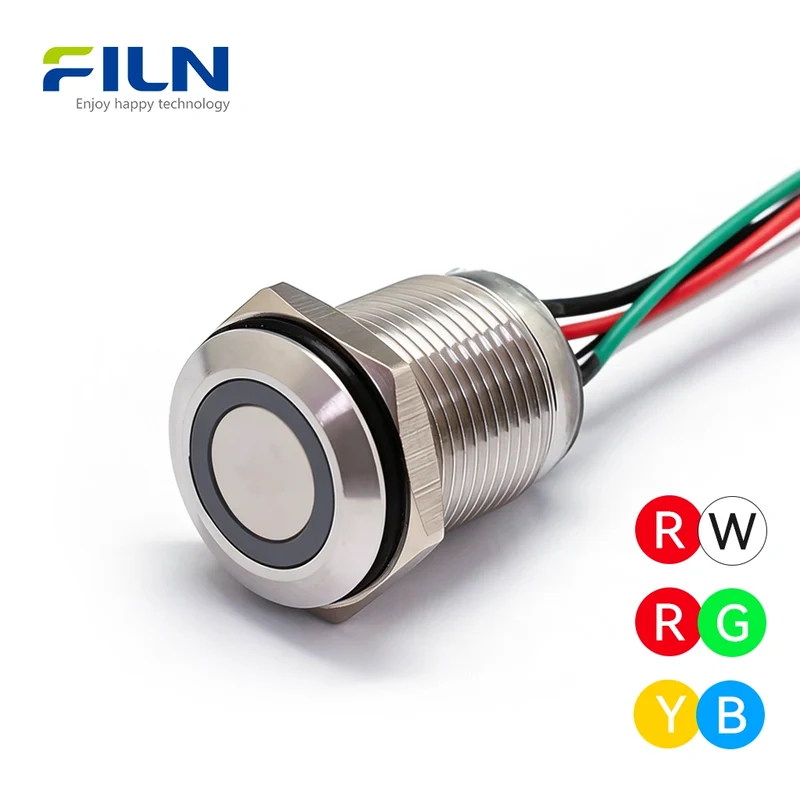 12V Push Button Switches Dual-Color R&G LED Metal Waterproof Momentary Switch FILN