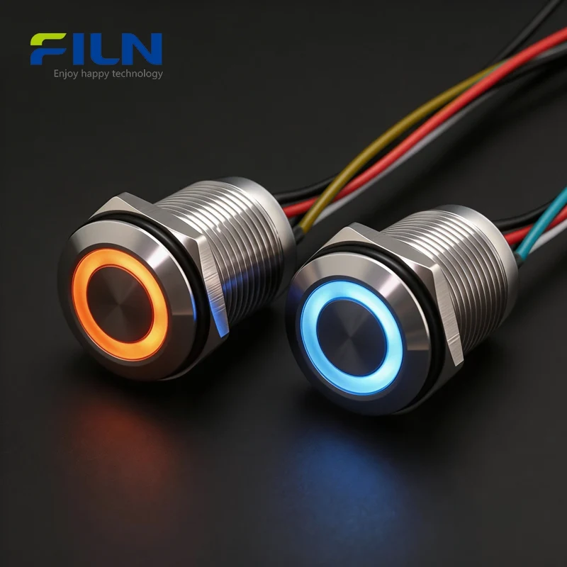 12V Push Button Switches Dual-Color R&G LED Metal Waterproof Momentary Switch FILN