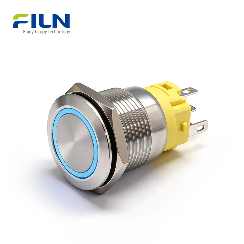 19mm LED Push Button Switch Momentary/Latching Stainless Steel 5-Pin Ring Light | FILN