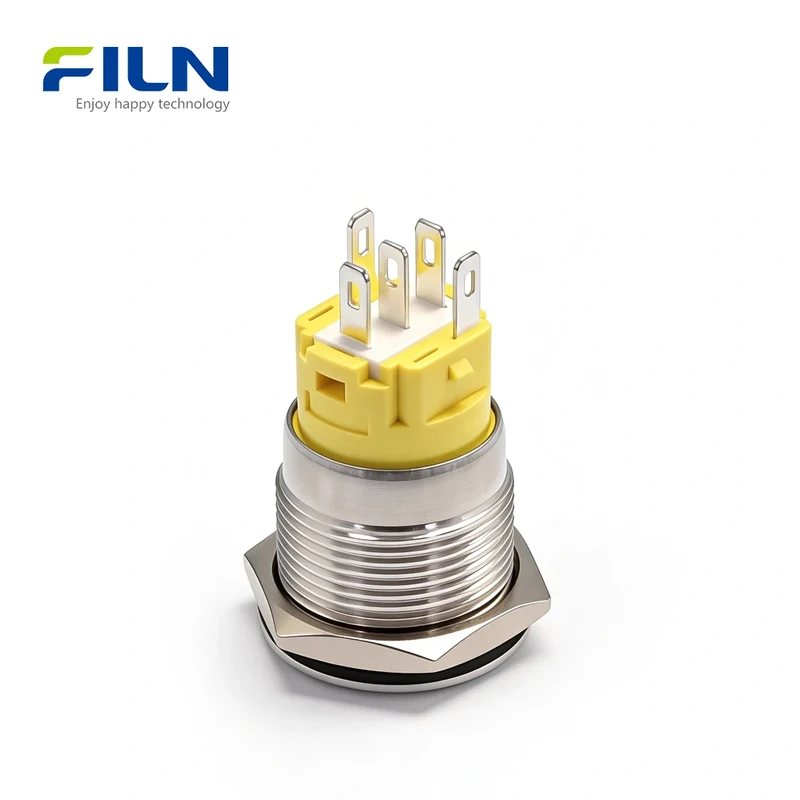 19mm LED Push Button Switch Momentary/Latching Stainless Steel 5-Pin Ring Light | FILN
